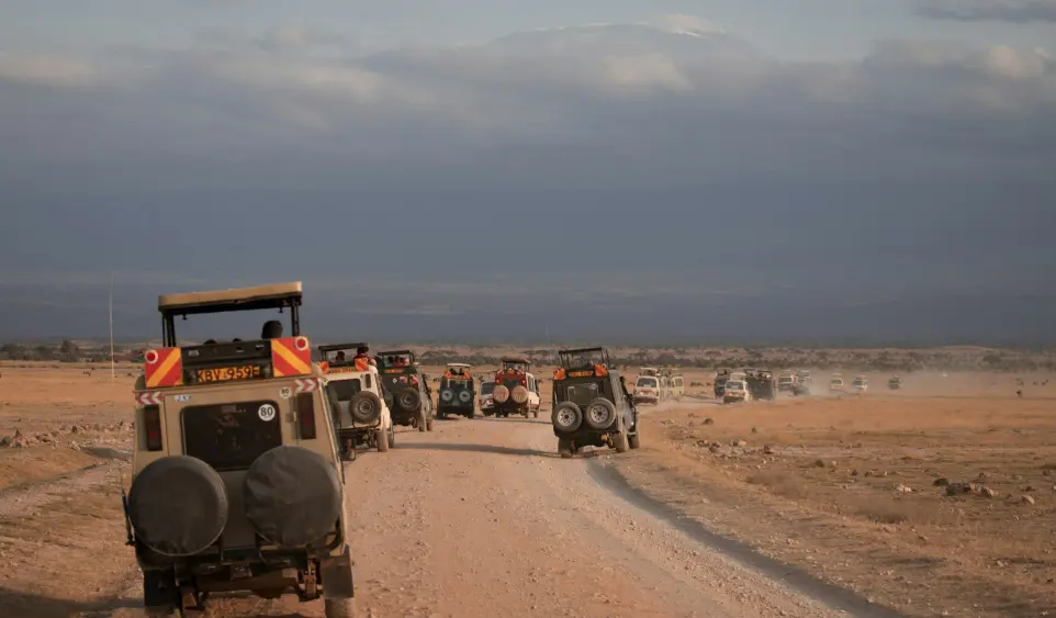 Amboseli National Park - things to do a group of jeeps driving down a dirt road