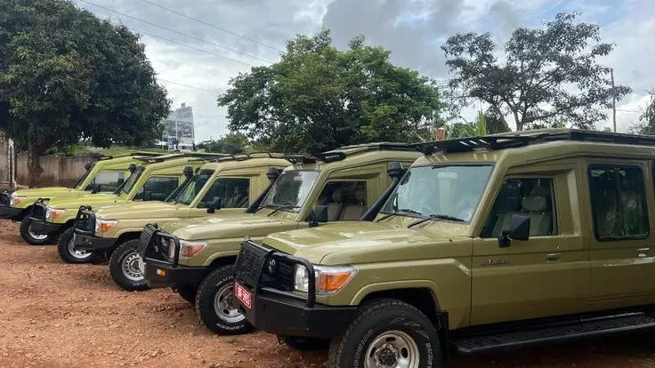 A fleet of Nile Abenteuer Safari extended Landcruiser vehicles for tours and hire
