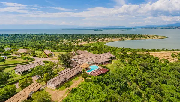 an aerial view of Mweya Safari lodge in Queen Elizabeth National Park